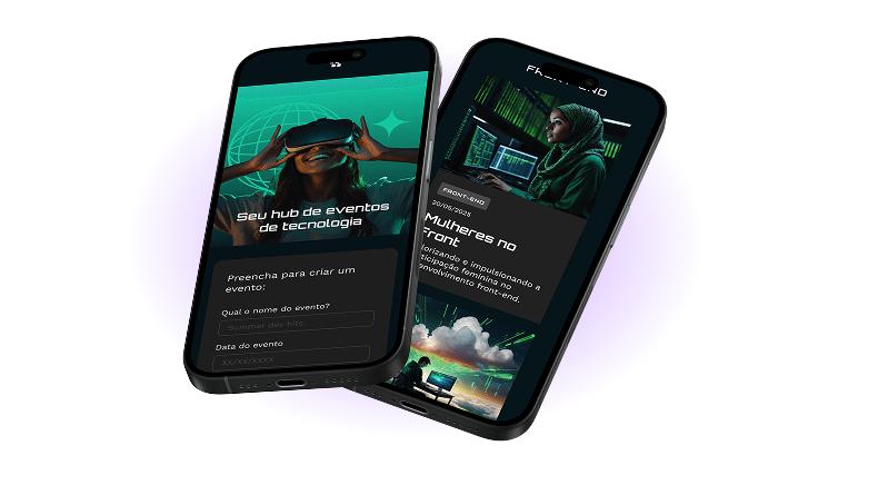 Tela do App tecboard em dois celulares pretos sobrepostos com destaque para hub de eventos de tecnologia